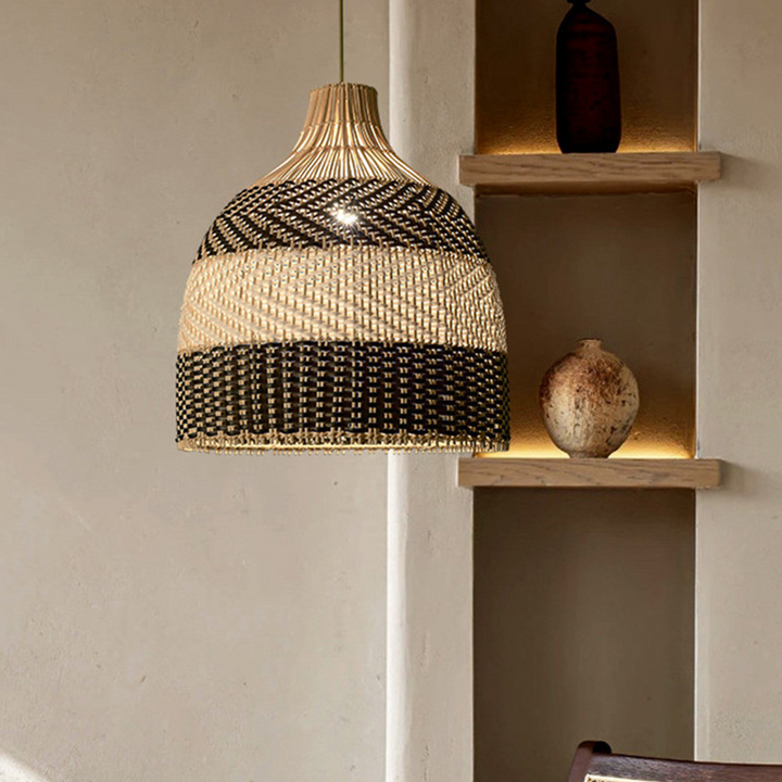 Vintage Rattan Handwoven White and Black Pendant Light