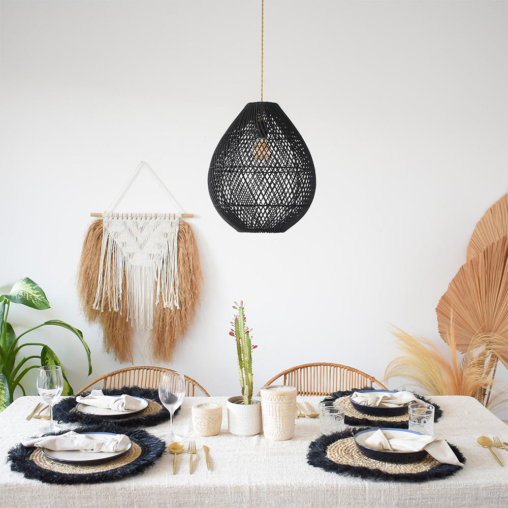 Boho Rattan Handwoven Black Pendant Light