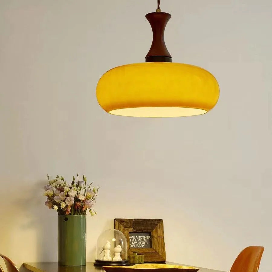 Wooden Yellow Dome Pendant Light for Kitchen Islands